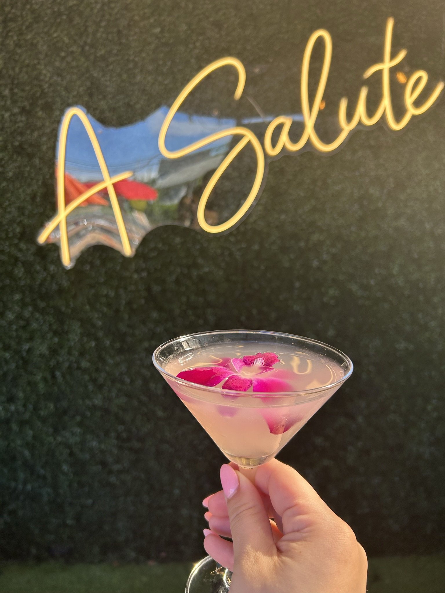 A martini garnished with orchid petals, held against the A Salute neon sign